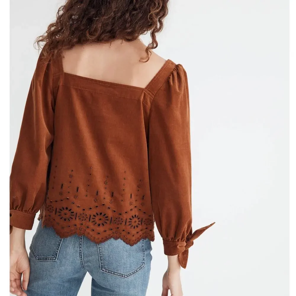 MADEWELL Embroidered Eyelet Corduroy Tie-Sleeve Top Warm Coffee Brown Sz M {E22}